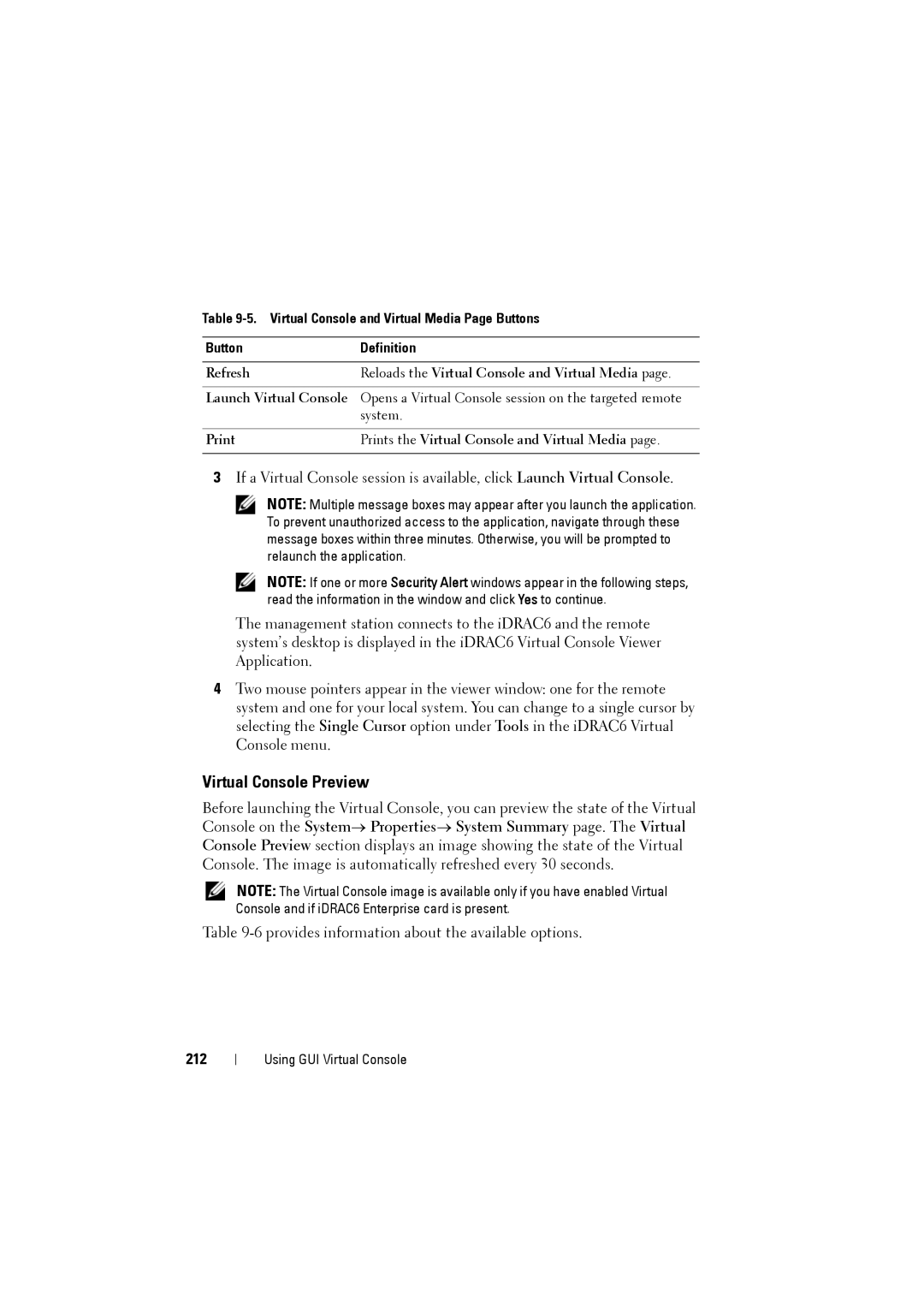 Dell IDRAC6 manual Virtual Console Preview, 212, Virtual Console and Virtual Media Page Buttons Definition 