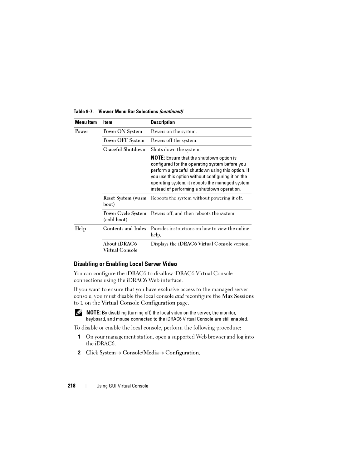 Dell IDRAC6 manual Disabling or Enabling Local Server Video, Click System→ Console/Media→ Configuration, 218 