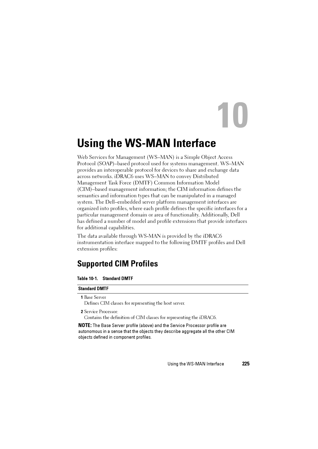 Dell IDRAC6 manual Using the WS-MAN Interface, Supported CIM Profiles, 225, Standard Dmtf 