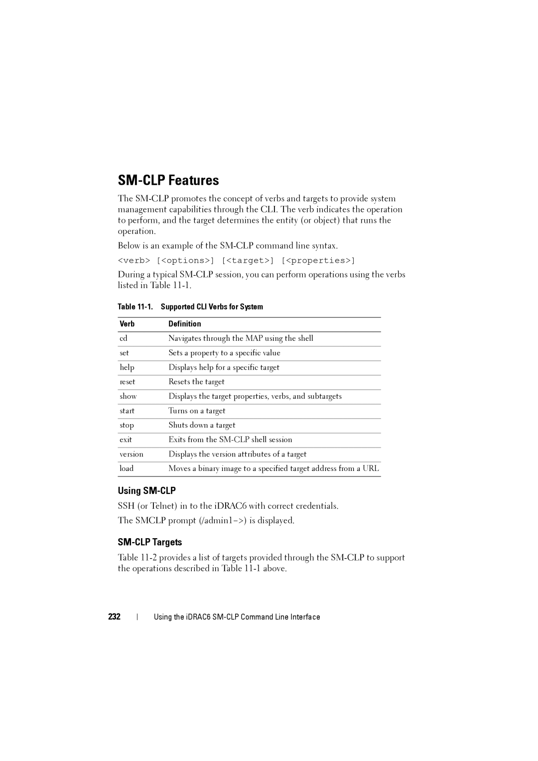 Dell IDRAC6 manual SM-CLP Features, Using SM-CLP, SM-CLP Targets, 232, Supported CLI Verbs for System Definition 