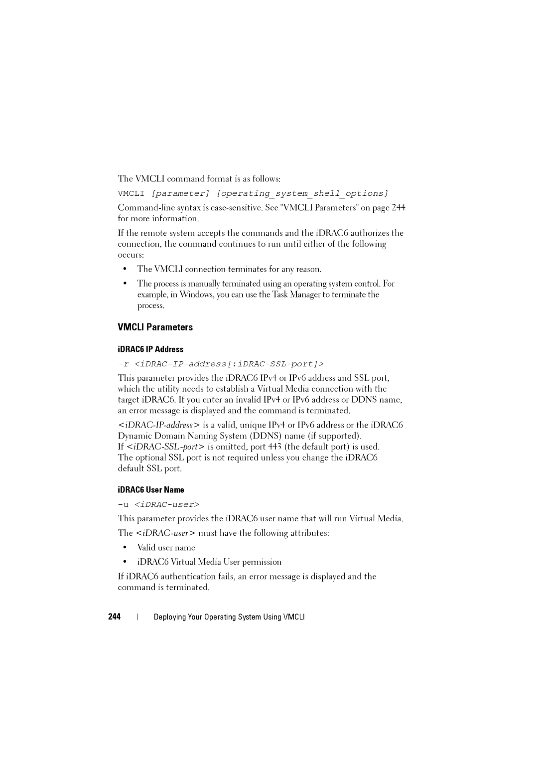 Dell manual Vmcli Parameters, IDRAC6 IP Address, IDRAC6 User Name, 244 