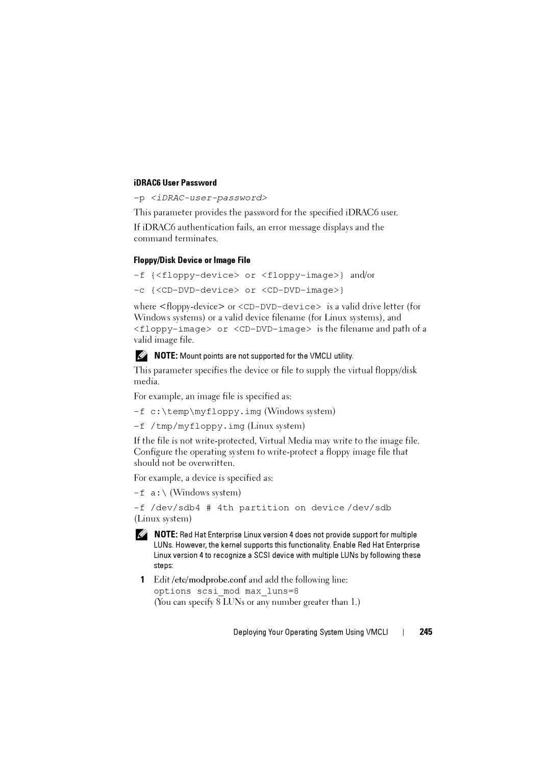 Dell manual IDRAC6 User Password, Floppy/Disk Device or Image File, 245 