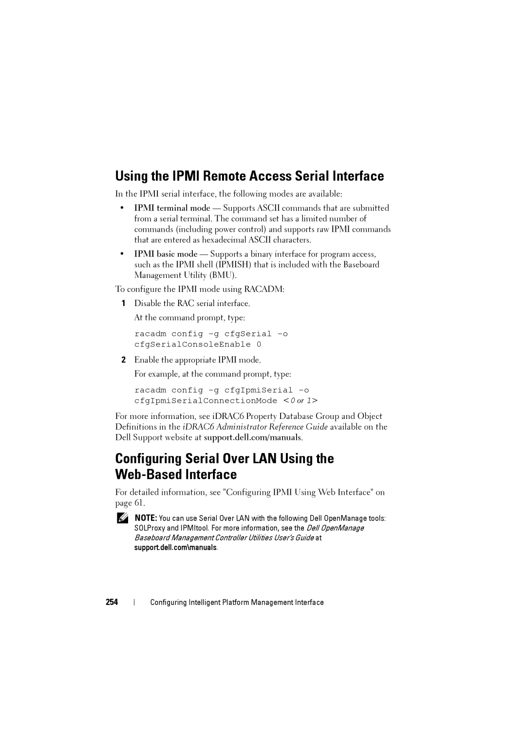 Dell IDRAC6 Using the Ipmi Remote Access Serial Interface, Configuring Serial Over LAN Using the Web-Based Interface, 254 