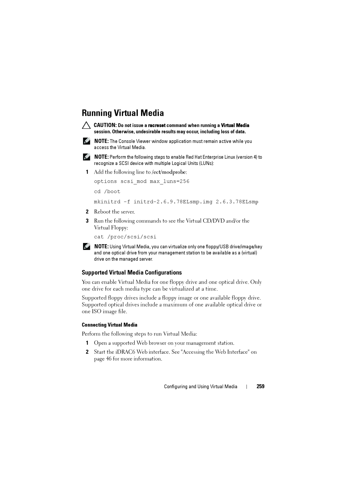 Dell IDRAC6 manual Running Virtual Media, Supported Virtual Media Configurations, Connecting Virtual Media, 259 