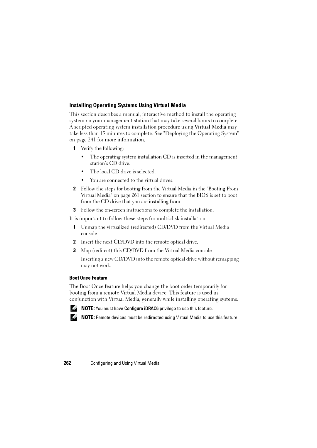 Dell IDRAC6 manual Installing Operating Systems Using Virtual Media, Boot Once Feature, 262 