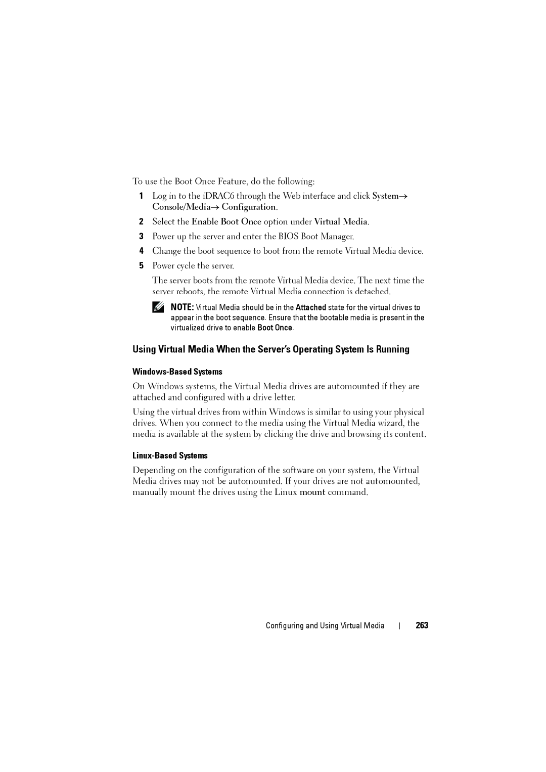 Dell IDRAC6 manual Select the Enable Boot Once option under Virtual Media, Windows-Based Systems, Linux-Based Systems, 263 