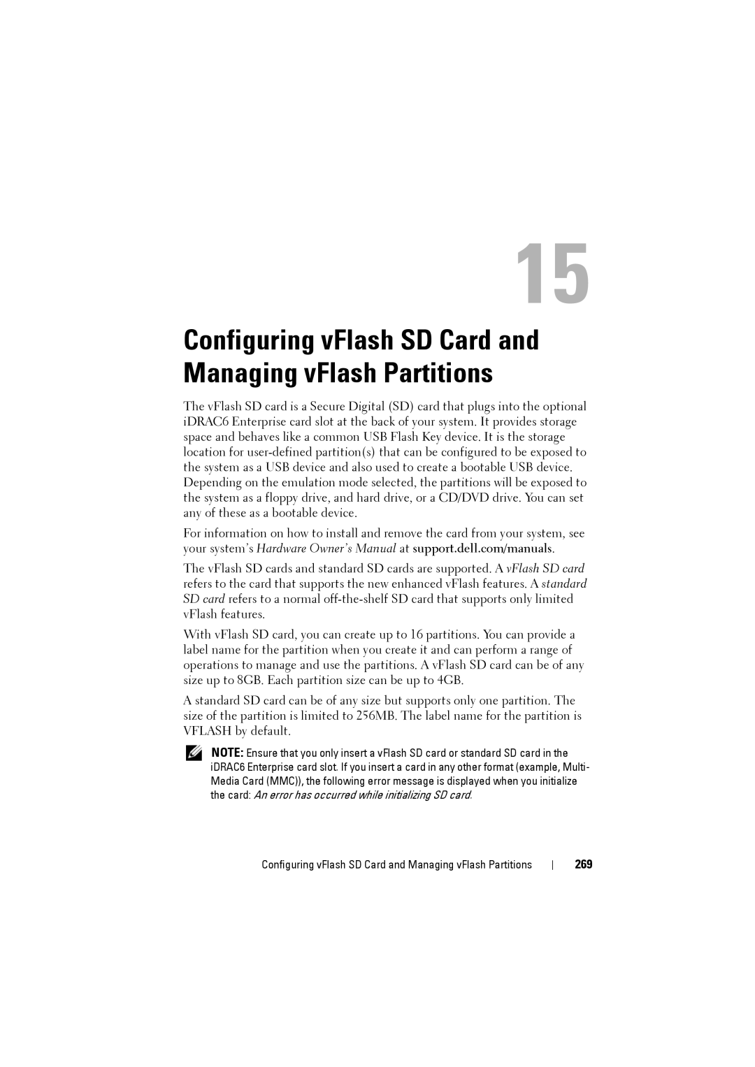 Dell IDRAC6 manual Configuring vFlash SD Card and Managing vFlash Partitions, 269 