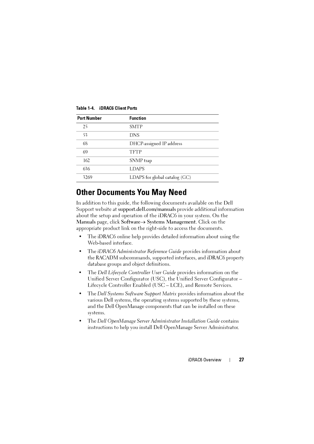 Dell manual Other Documents You May Need, IDRAC6 Client Ports Port Number Function 