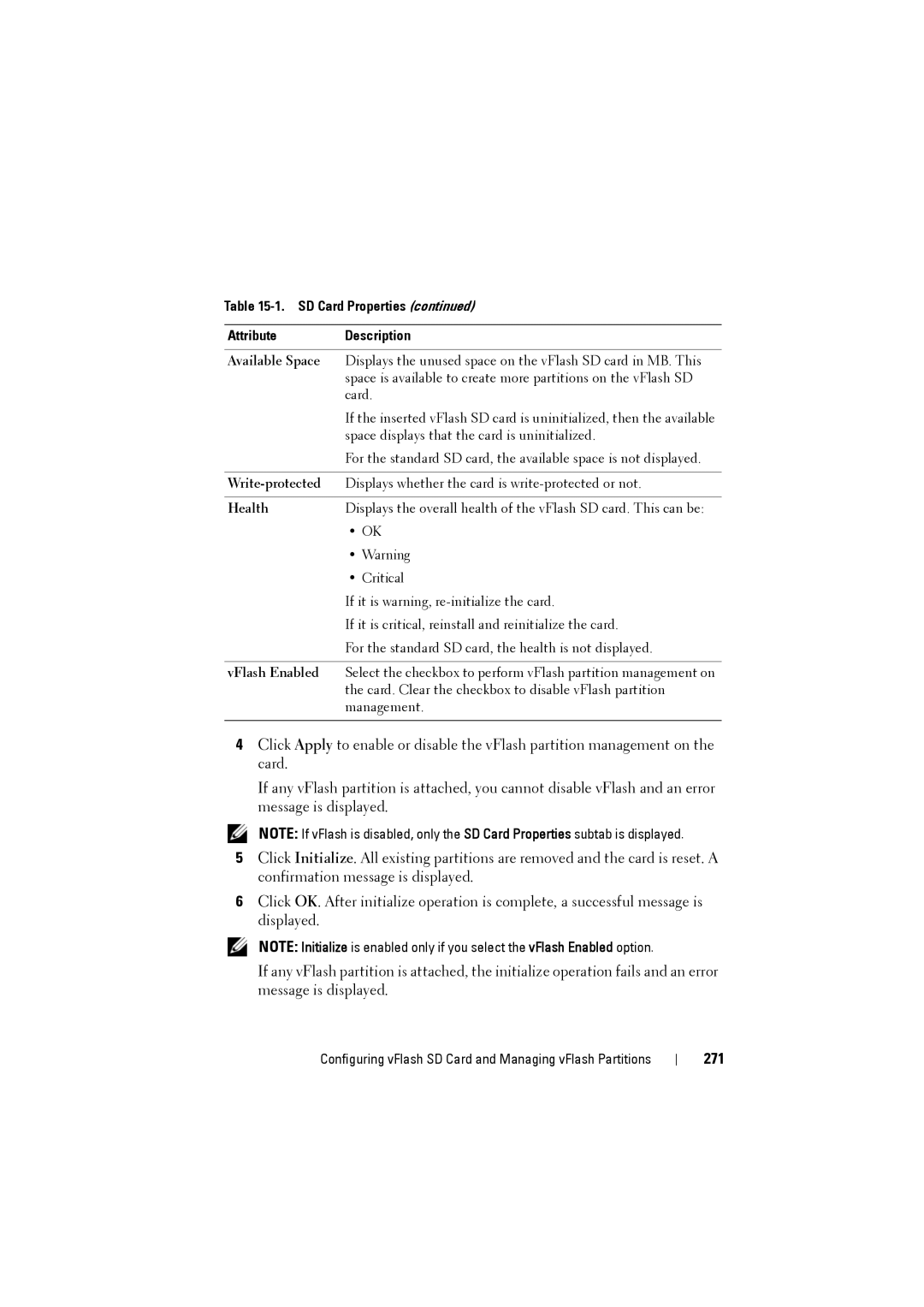 Dell IDRAC6 manual 271, Available Space, Write-protected, Health, VFlash Enabled 