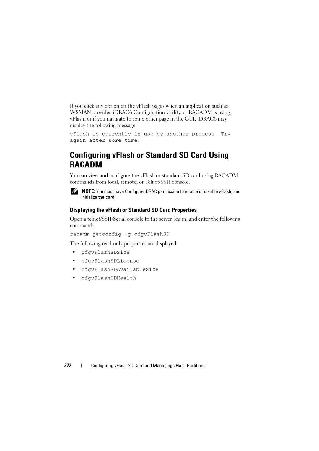 Dell IDRAC6 manual Configuring vFlash or Standard SD Card Using, Displaying the vFlash or Standard SD Card Properties, 272 