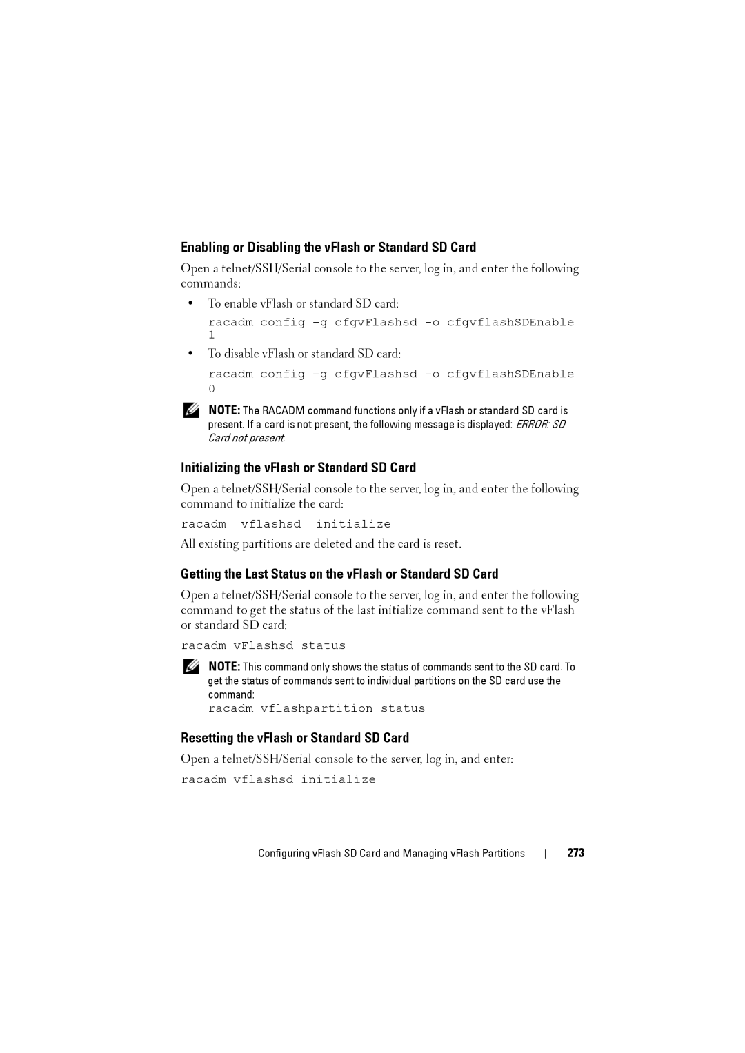 Dell IDRAC6 manual Enabling or Disabling the vFlash or Standard SD Card, Initializing the vFlash or Standard SD Card, 273 