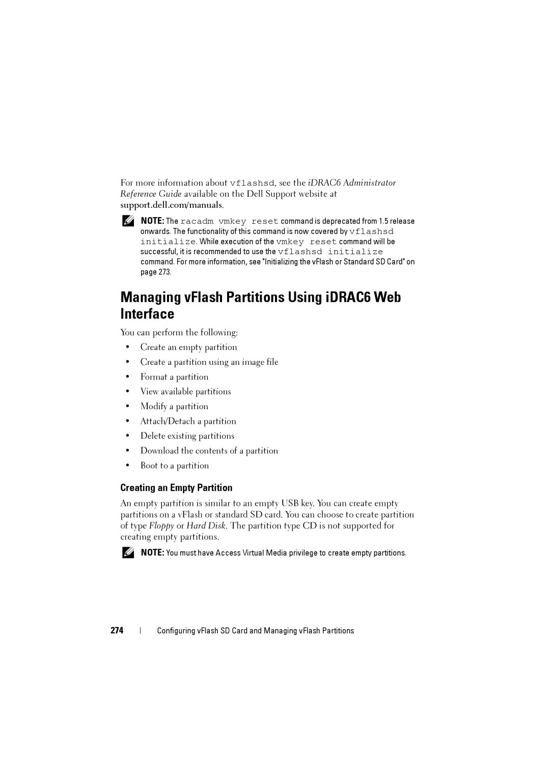 Dell IDRAC6 manual Managing vFlash Partitions Using iDRAC6 Web Interface, Creating an Empty Partition, 274 