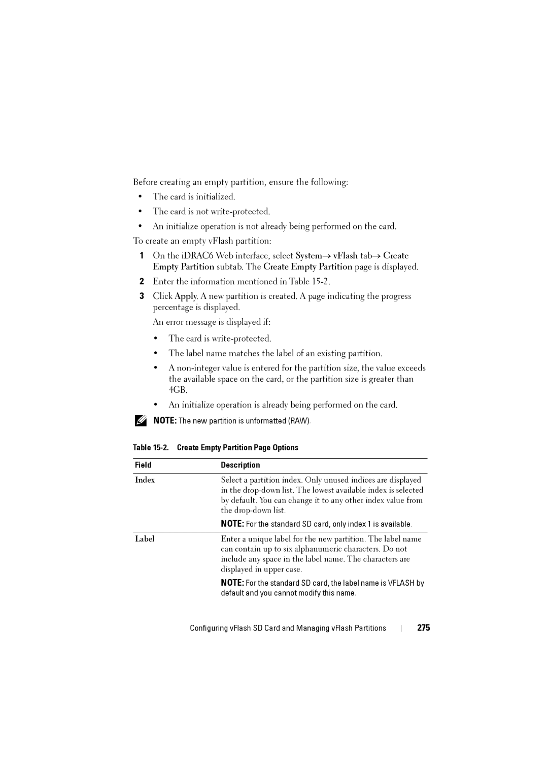 Dell IDRAC6 manual 275, Create Empty Partition Page Options Field Description, Index, Label 