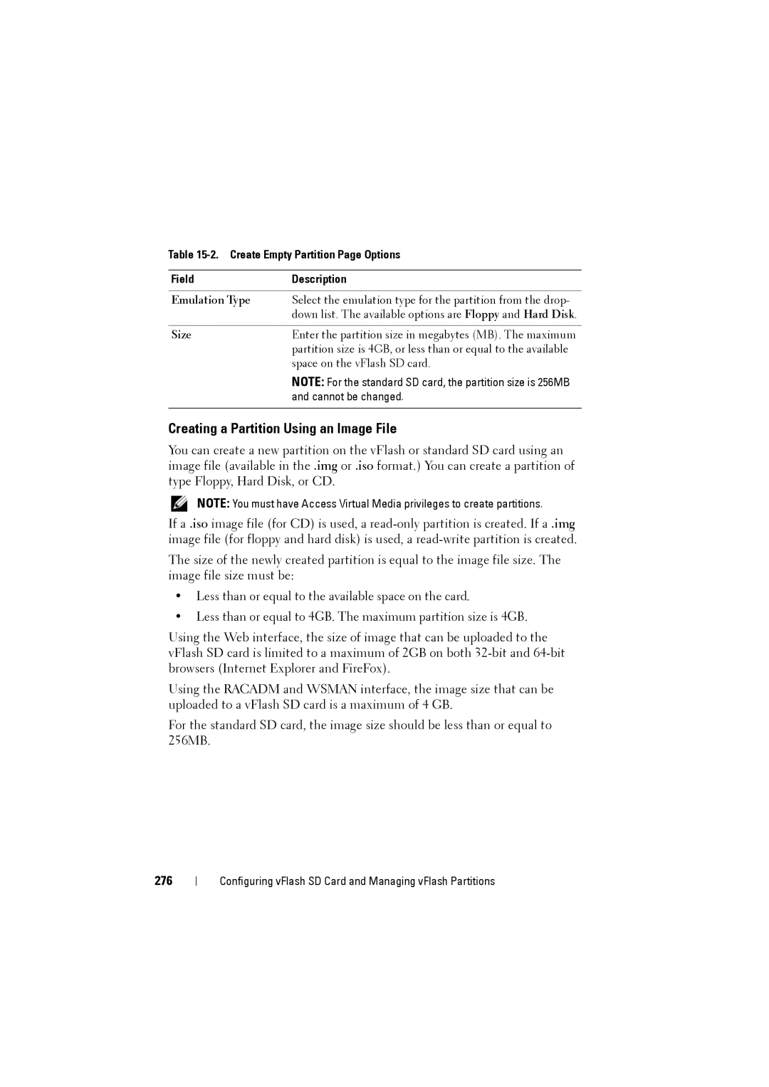 Dell IDRAC6 manual Creating a Partition Using an Image File, 276, Emulation Type 