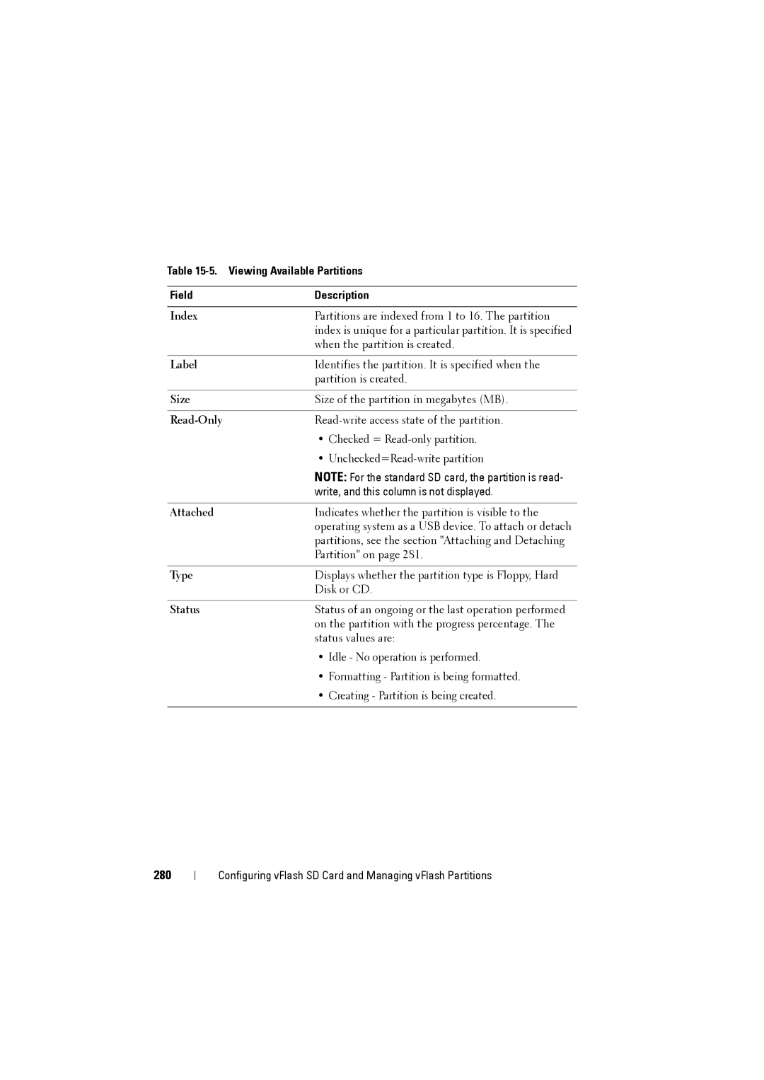 Dell IDRAC6 manual 280, Viewing Available Partitions Field Description, Read-Only, Attached, Type 