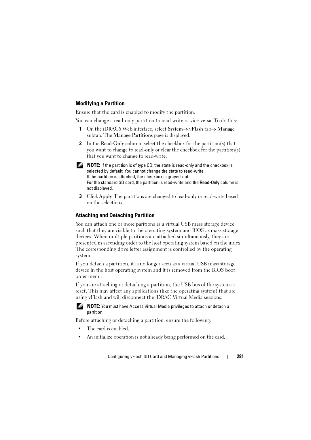 Dell IDRAC6 manual Modifying a Partition, Attaching and Detaching Partition, 281 