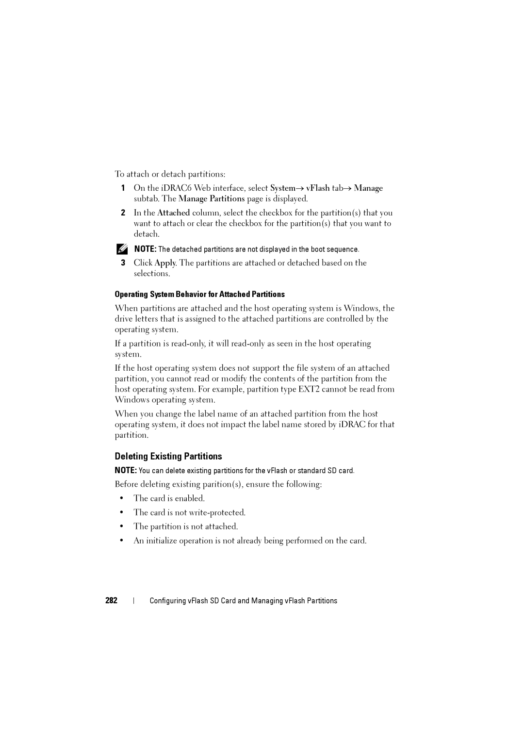 Dell IDRAC6 manual Deleting Existing Partitions, Operating System Behavior for Attached Partitions, 282 