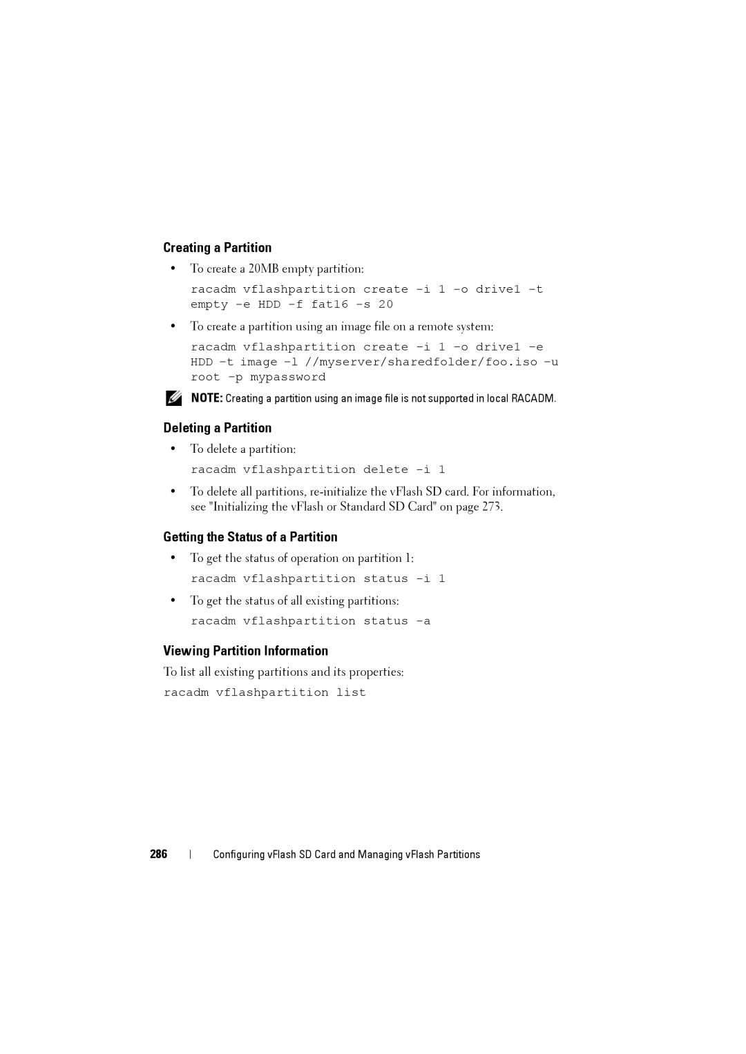 Dell IDRAC6 Creating a Partition, Deleting a Partition, Getting the Status of a Partition, Viewing Partition Information 