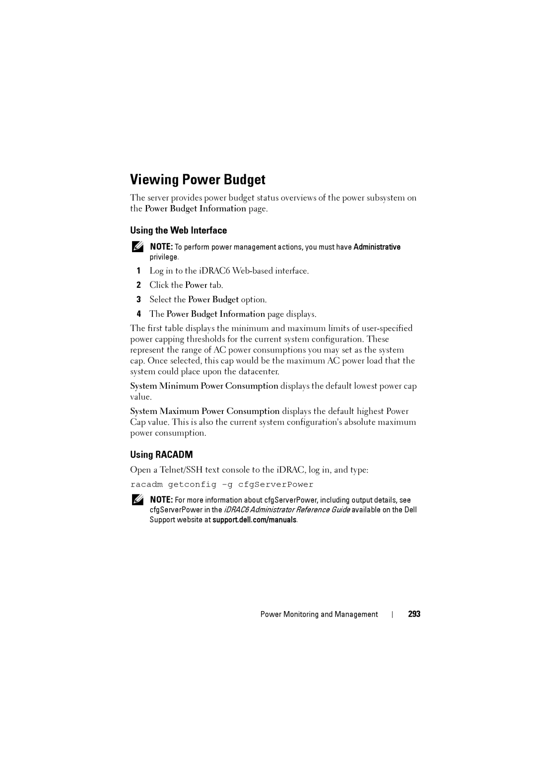 Dell IDRAC6 manual Viewing Power Budget, Using the Web Interface, Power Budget Information page displays, 293 