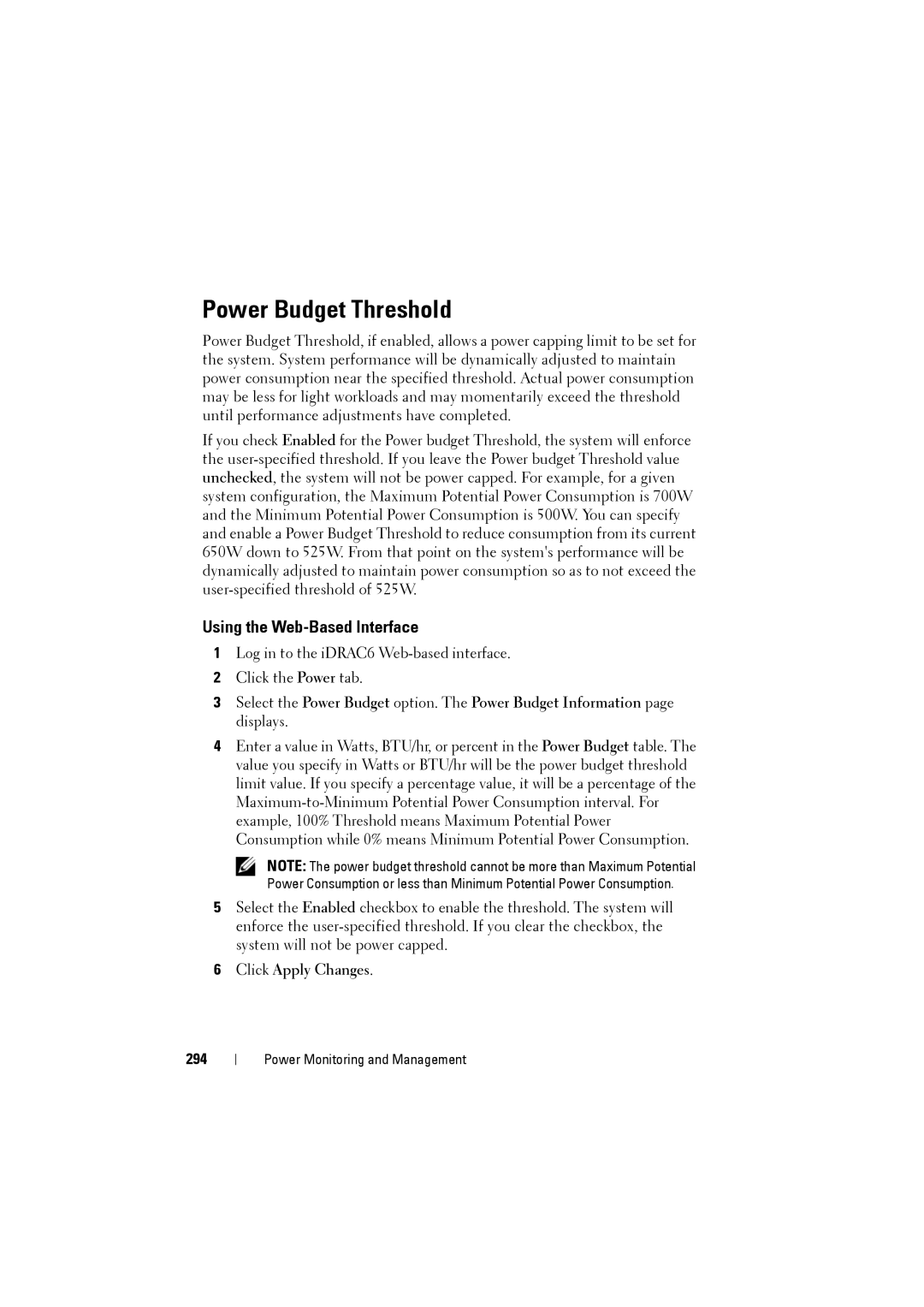 Dell IDRAC6 manual Power Budget Threshold, 294 