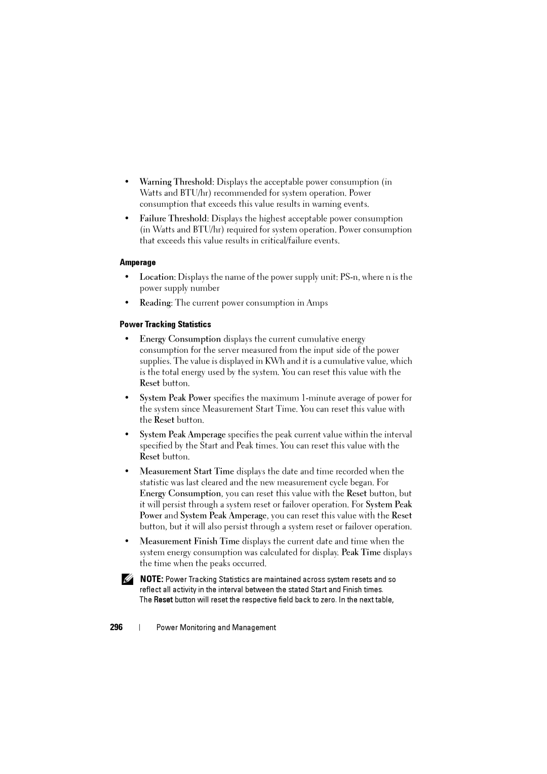 Dell IDRAC6 manual Amperage, Power Tracking Statistics, 296 