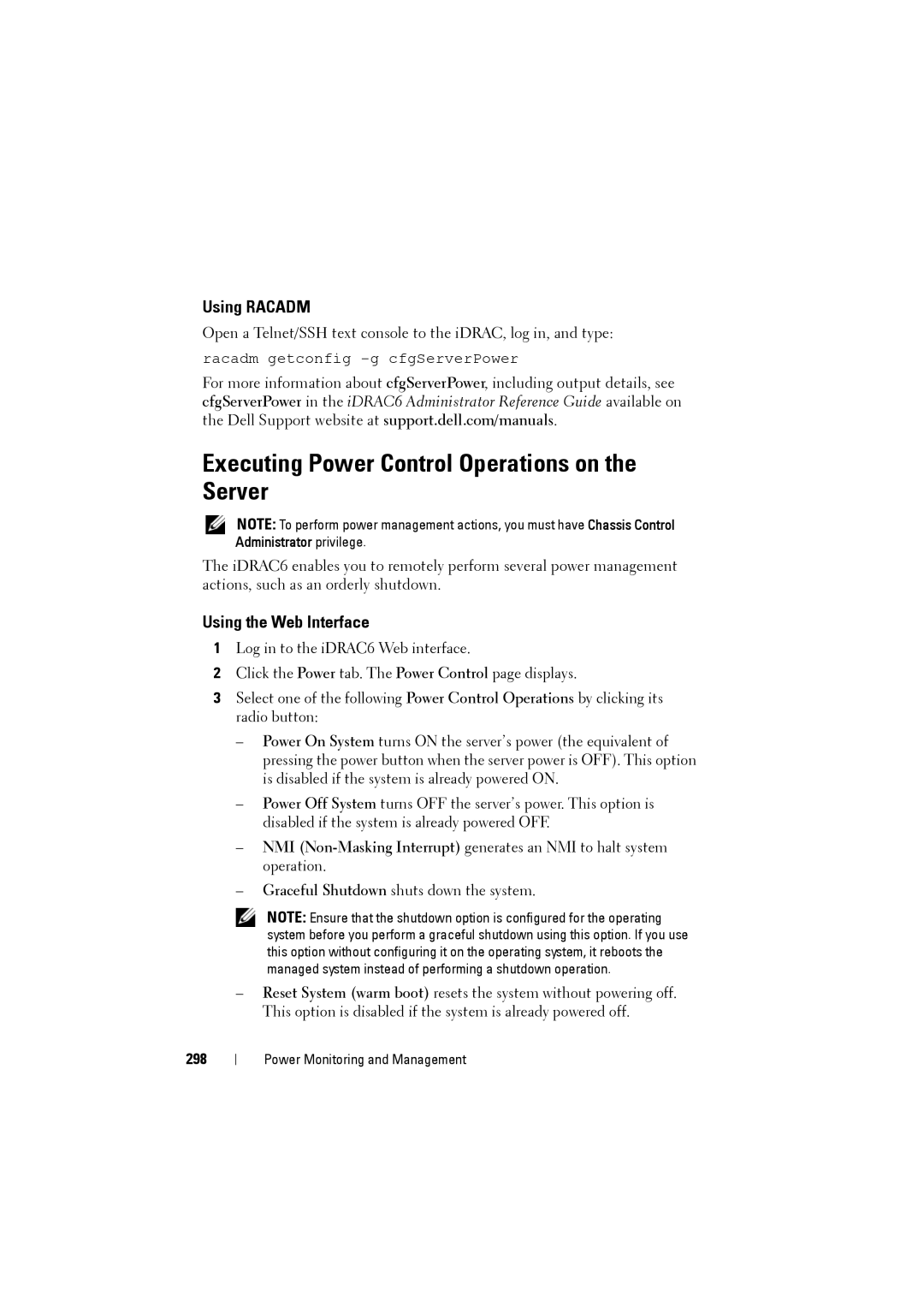 Dell IDRAC6 manual Executing Power Control Operations on the Server, 298 