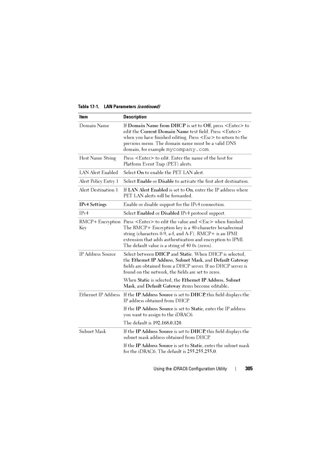 Dell IDRAC6 manual 305, IPv4 Settings, Ethernet IP Address, Subnet Mask, and Default Gateway 