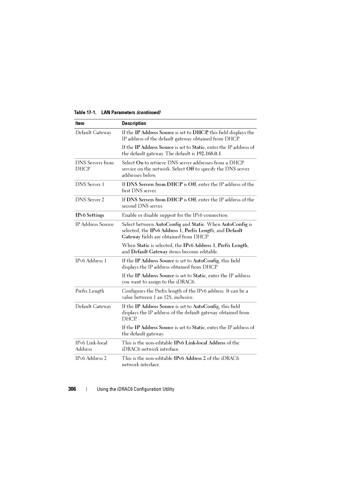 Dell IDRAC6 manual 306, IPv6 Settings, Selected, the IPv6 Address 1, Prefix Length, and Default 