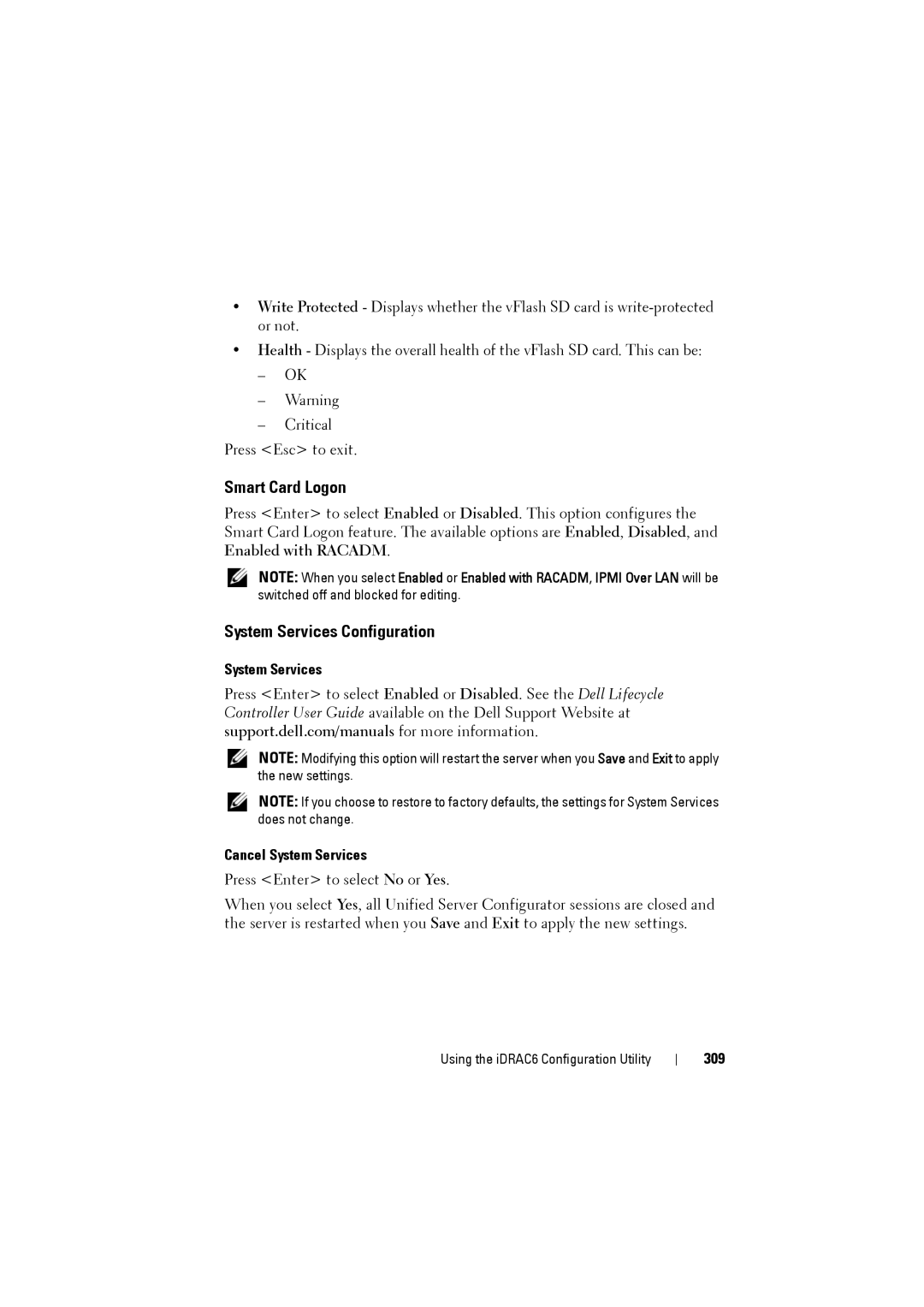 Dell IDRAC6 manual Smart Card Logon, System Services Configuration, System Services Cancel System Services, 309 