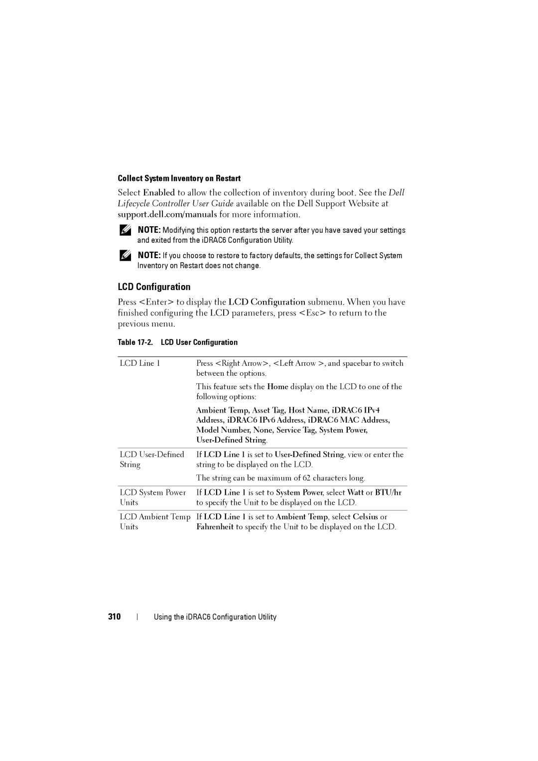 Dell IDRAC6 manual LCD Configuration, Collect System Inventory on Restart, 310, LCD User Configuration 