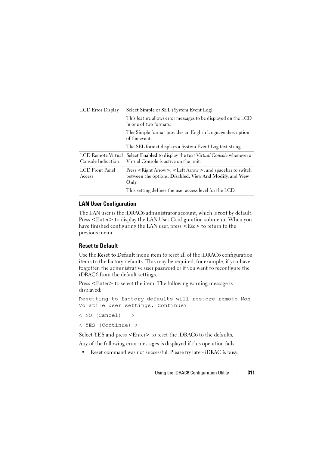 Dell IDRAC6 LAN User Configuration, Reset to Default, 311, Between the options Disabled, View And Modify, and View, Only 