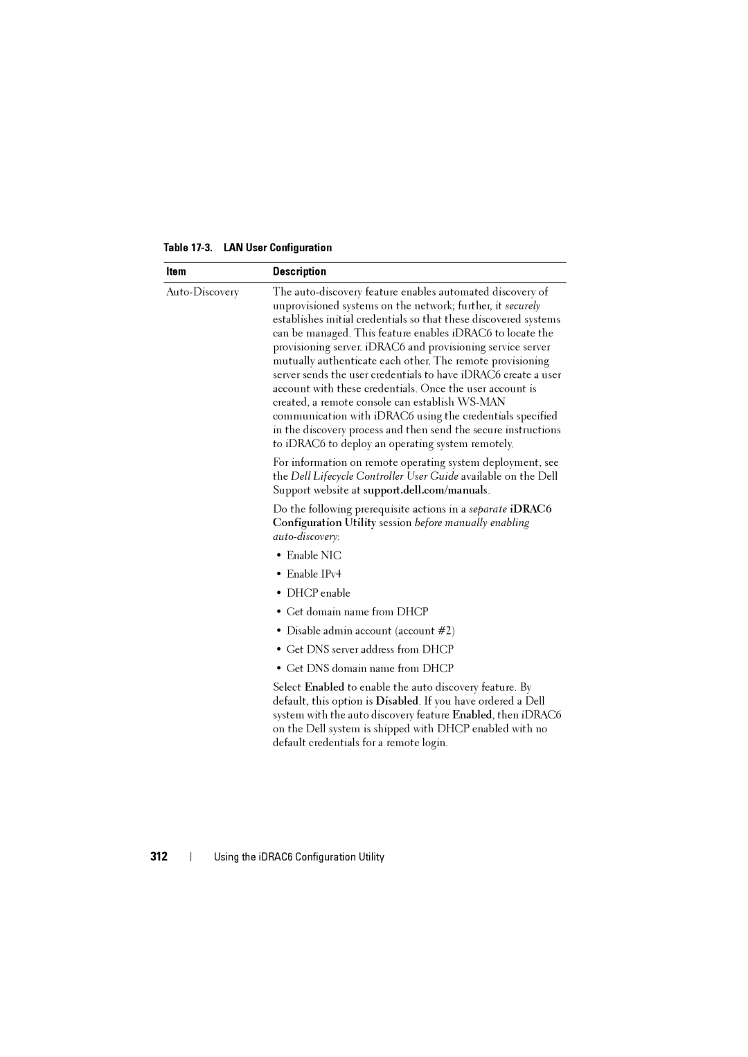 Dell IDRAC6 manual 312, LAN User Configuration Description 