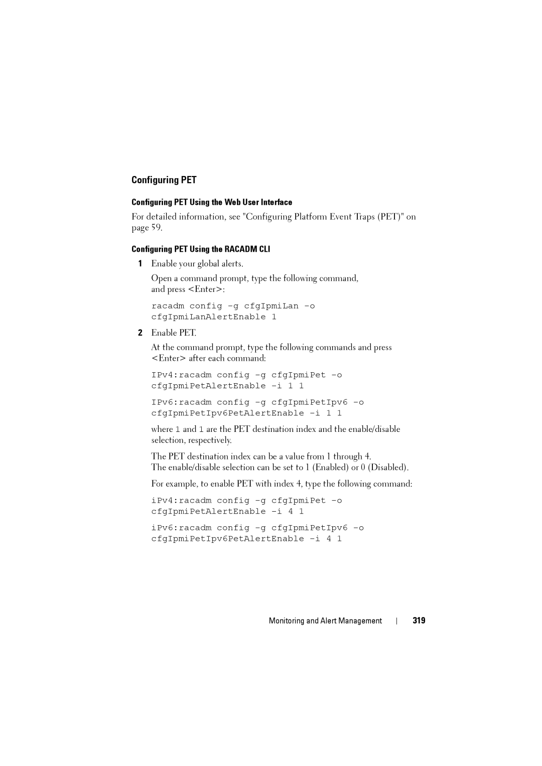 Dell IDRAC6 manual Configuring PET Using the Web User Interface, Configuring PET Using the Racadm CLI, 319 