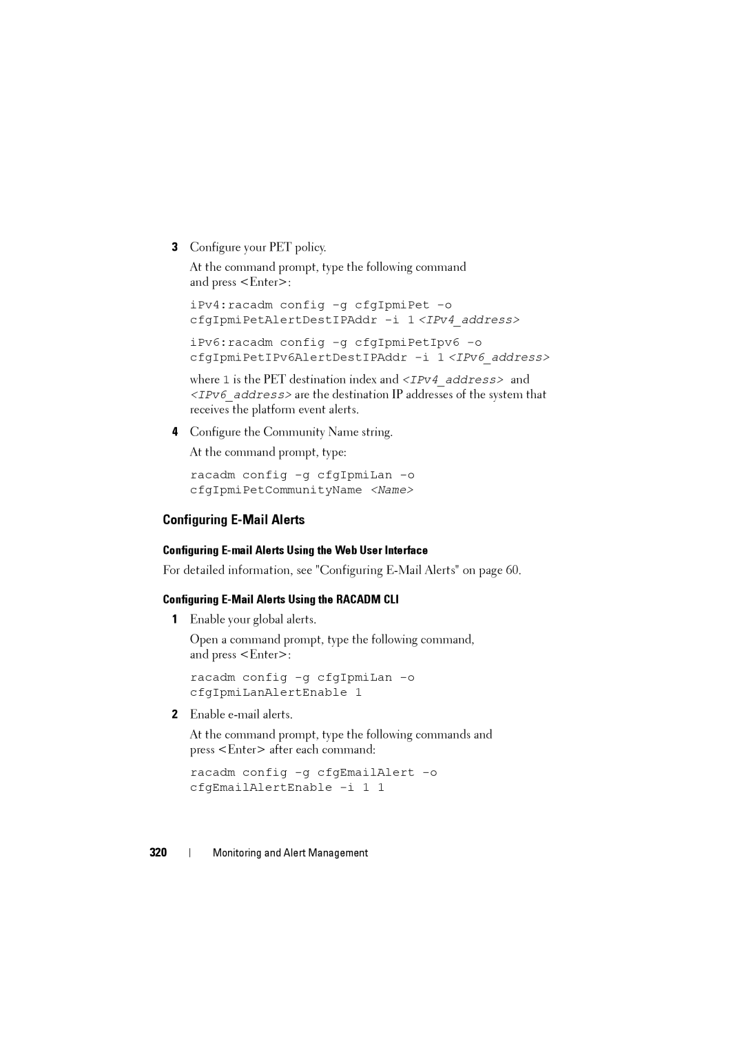 Dell IDRAC6 Configuring E-mail Alerts Using the Web User Interface, Configuring E-Mail Alerts Using the Racadm CLI, 320 