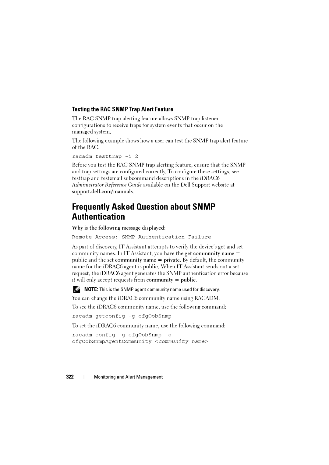 Dell IDRAC6 manual Frequently Asked Question about Snmp Authentication, Testing the RAC Snmp Trap Alert Feature, 322 