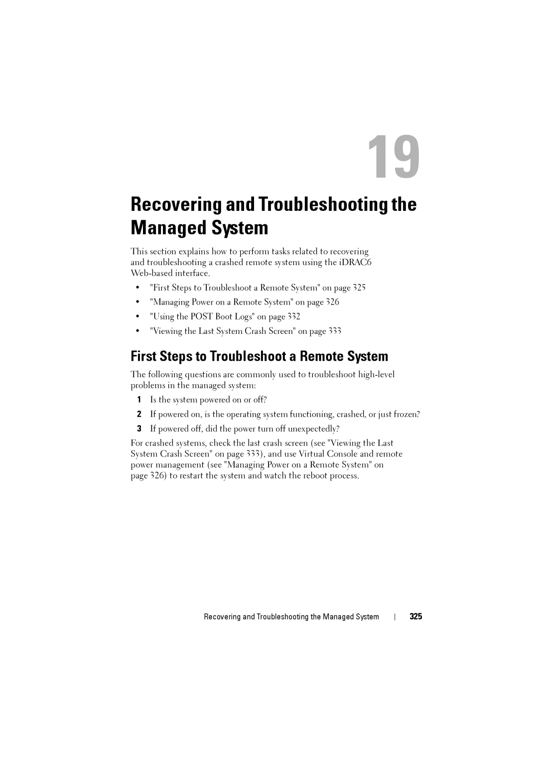 Dell IDRAC6 manual First Steps to Troubleshoot a Remote System, 325 