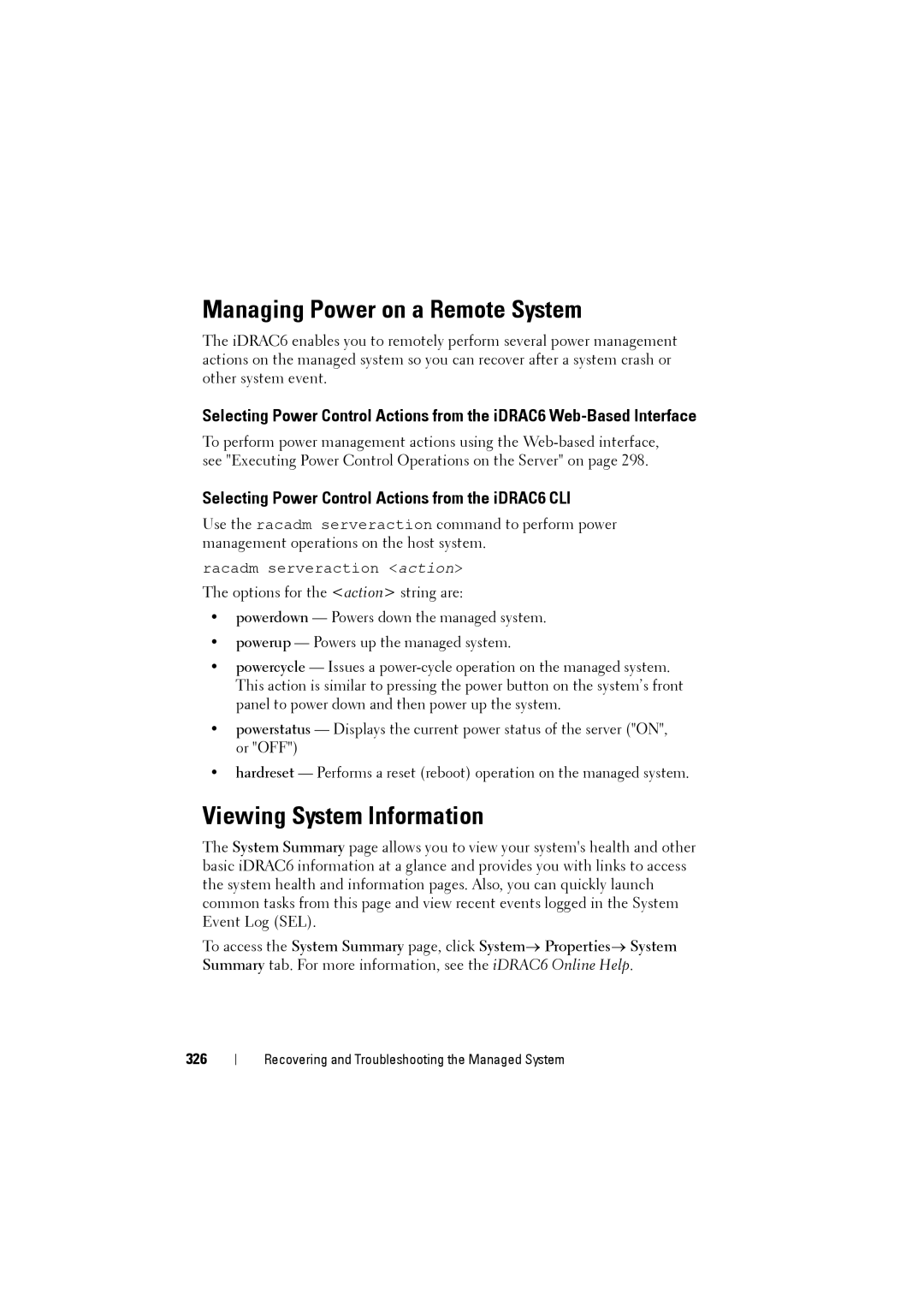 Dell IDRAC6 manual Managing Power on a Remote System, Viewing System Information, 326 