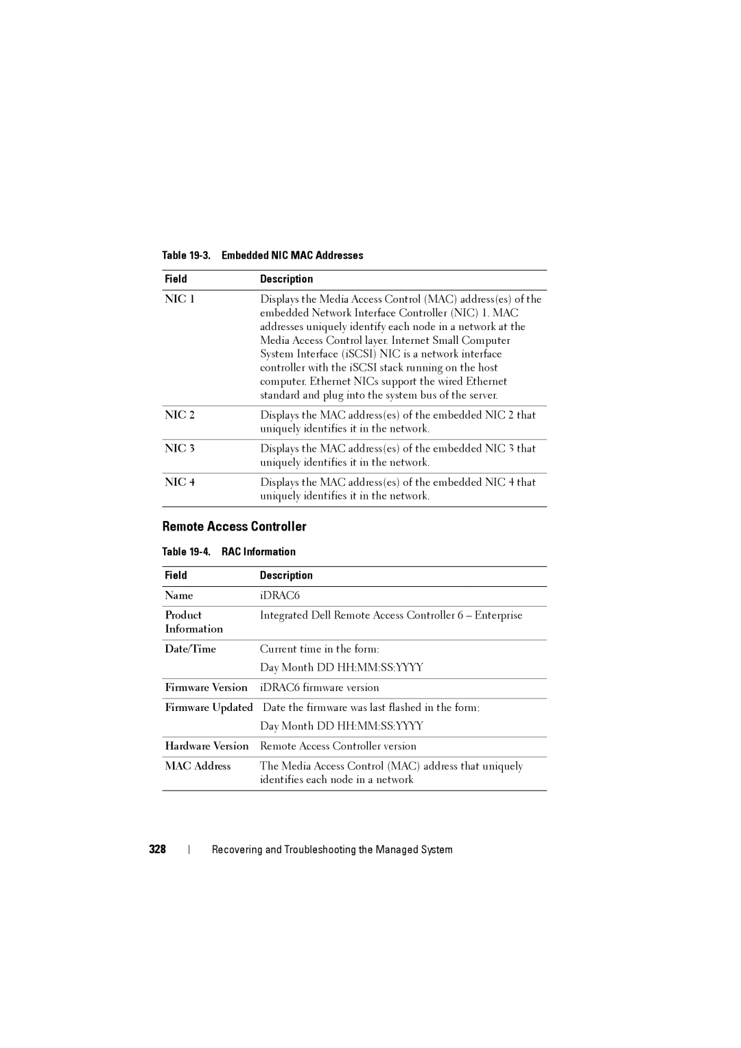 Dell IDRAC6 Remote Access Controller, 328, Embedded NIC MAC Addresses Field Description, RAC Information Field Description 