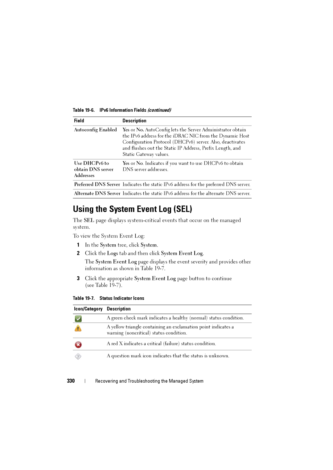 Dell IDRAC6 manual Using the System Event Log SEL, 330, Status Indicator Icons Icon/Category Description 