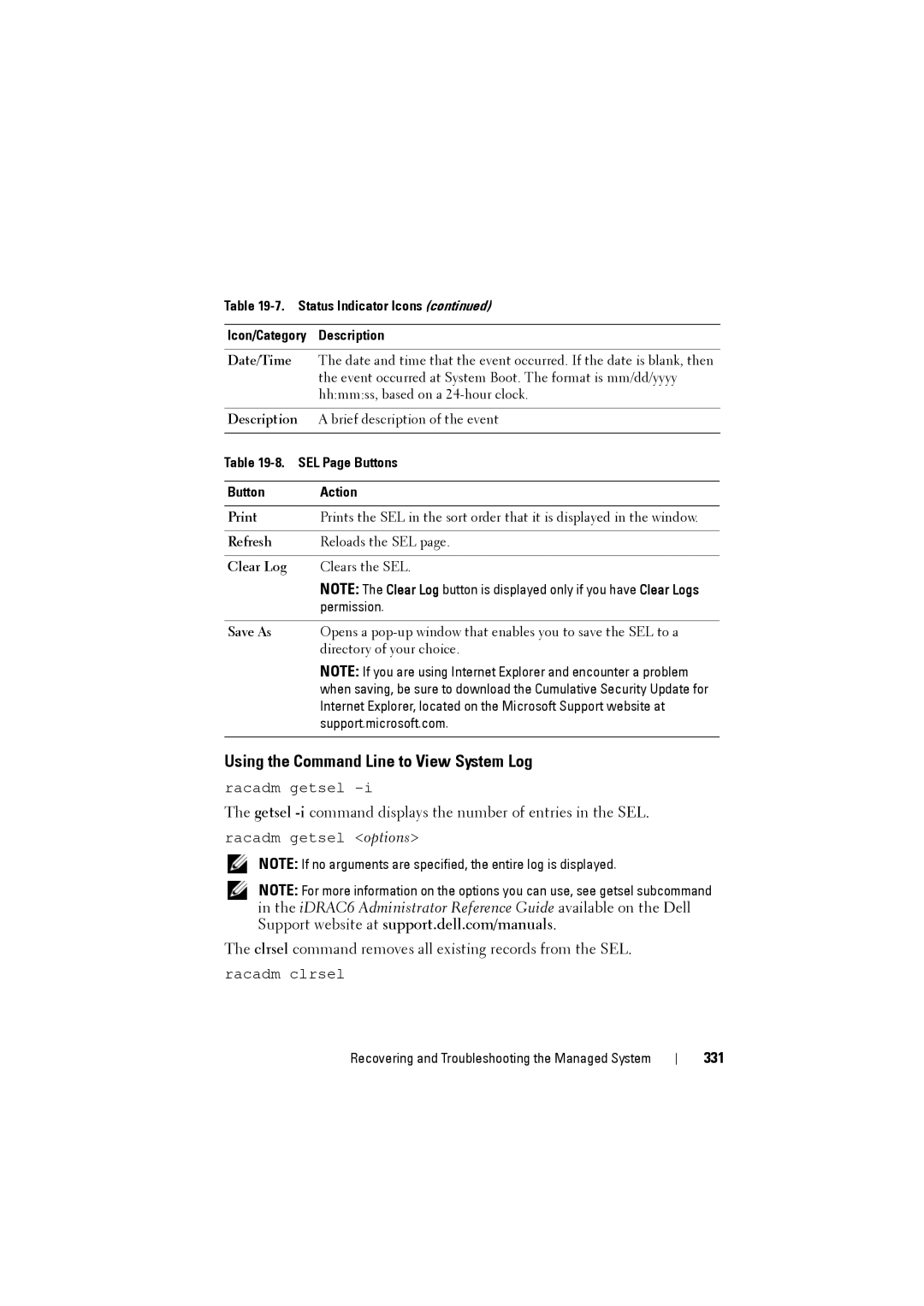 Dell IDRAC6 manual Using the Command Line to View System Log, 331, SEL Page Buttons, Button Action 