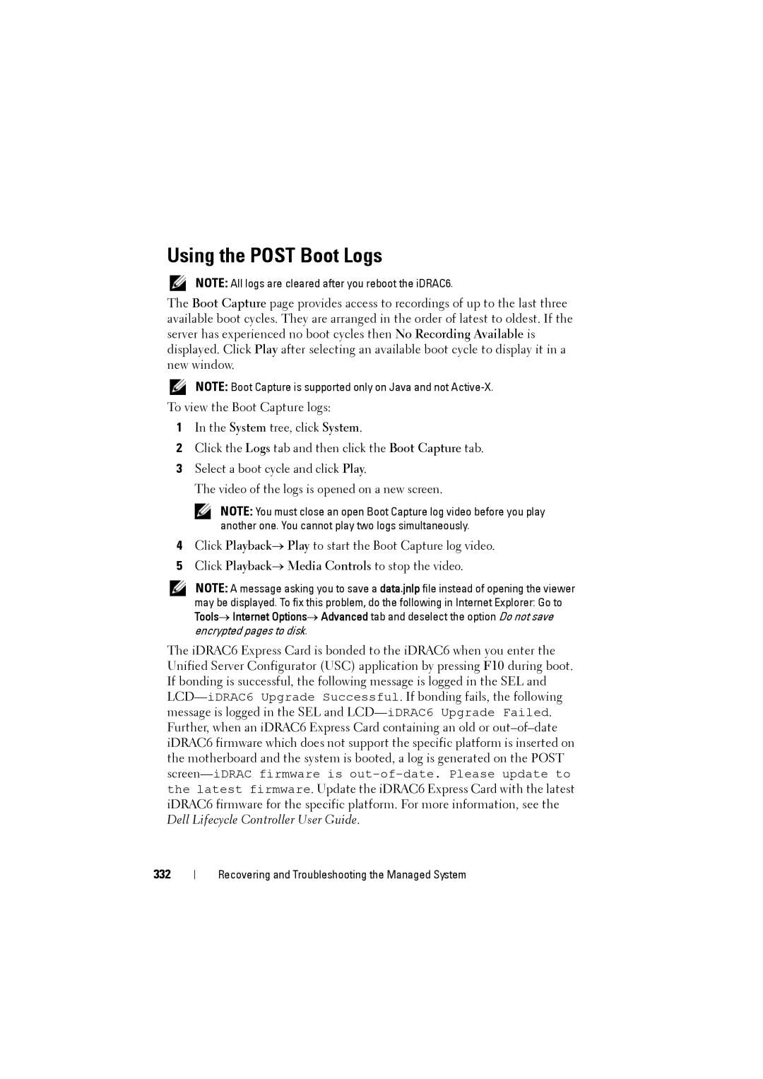 Dell IDRAC6 manual Using the Post Boot Logs, 332 