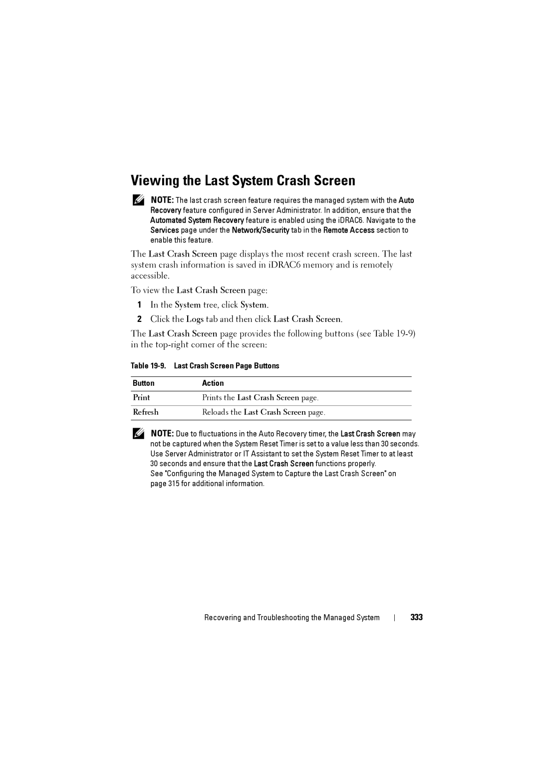 Dell IDRAC6 manual Viewing the Last System Crash Screen, To view the Last Crash Screen, 333 
