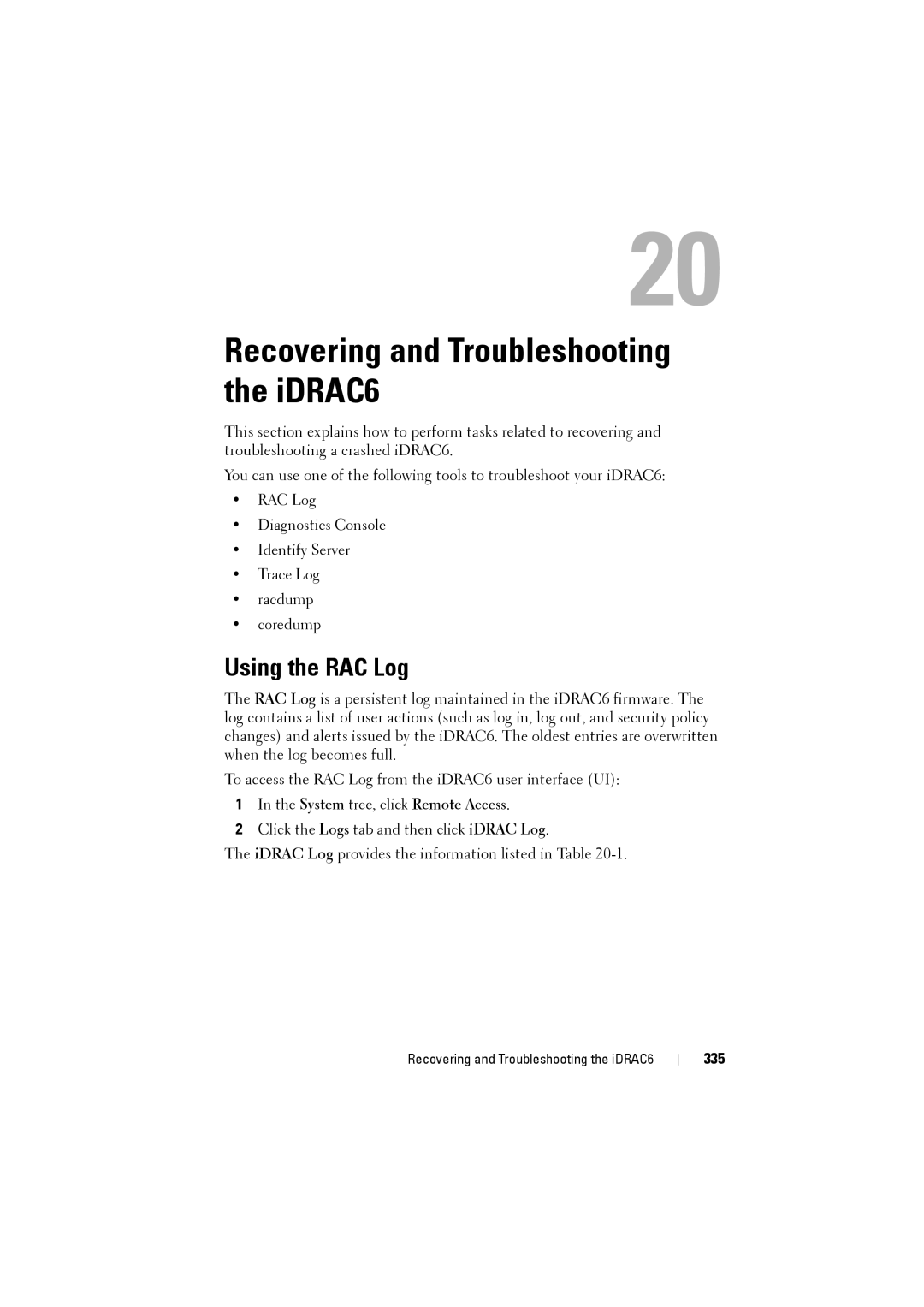 Dell IDRAC6 manual Using the RAC Log, 335 