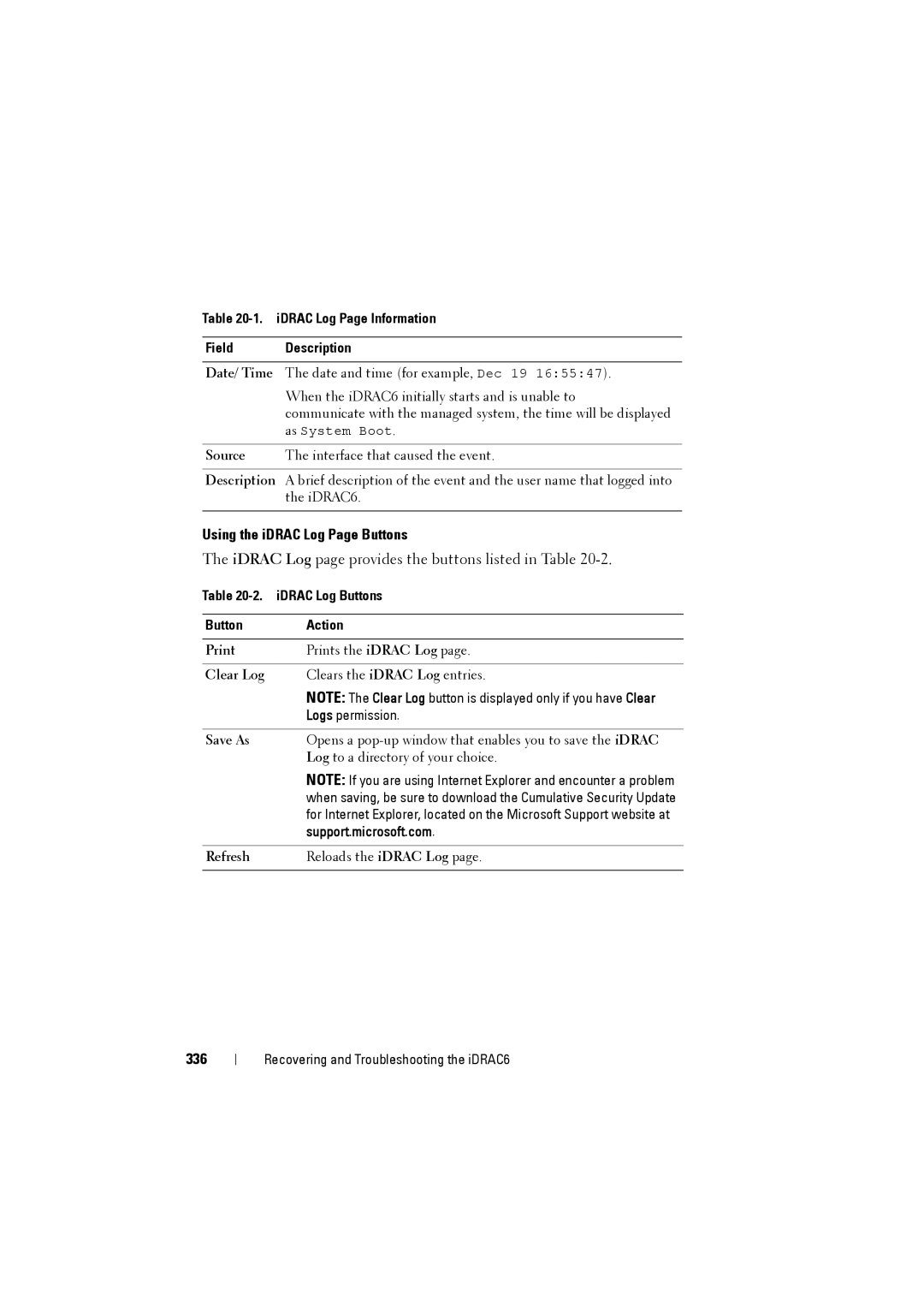 Dell IDRAC6 Using the iDRAC Log Page Buttons, 336, IDRAC Log Page Information Field Description, IDRAC Log Buttons Action 