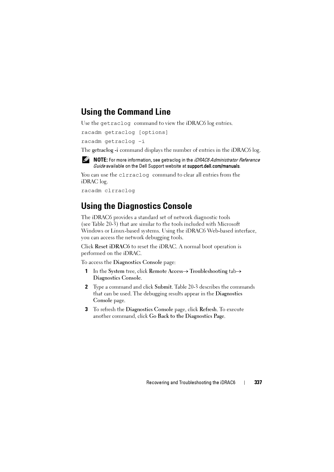 Dell IDRAC6 manual Using the Command Line, Using the Diagnostics Console, 337 