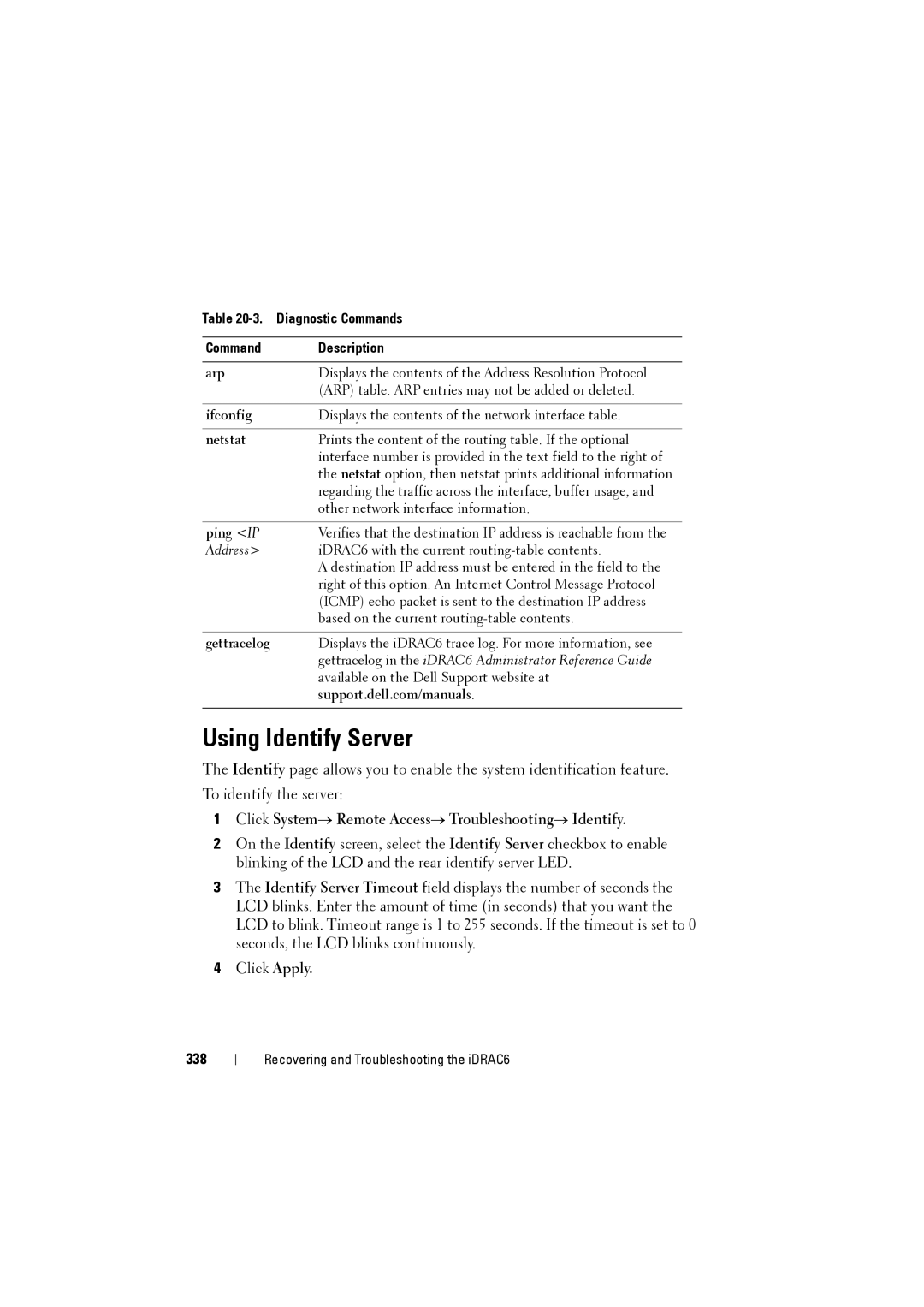 Dell IDRAC6 manual Using Identify Server, Click System→ Remote Access→ Troubleshooting→ Identify, 338, Ping IP 