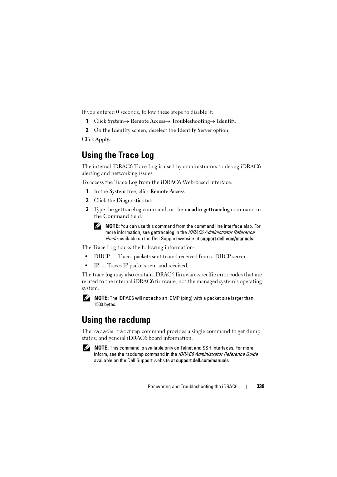 Dell IDRAC6 manual Using the Trace Log, Using the racdump, 339 