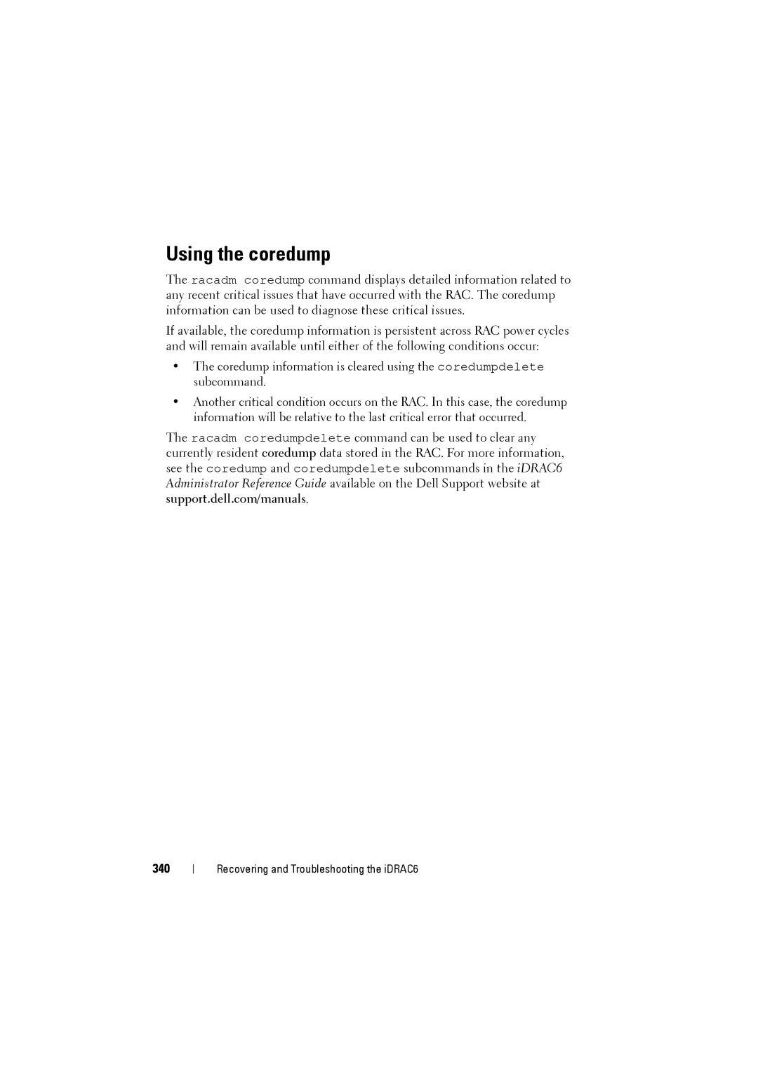 Dell IDRAC6 manual Using the coredump, 340 