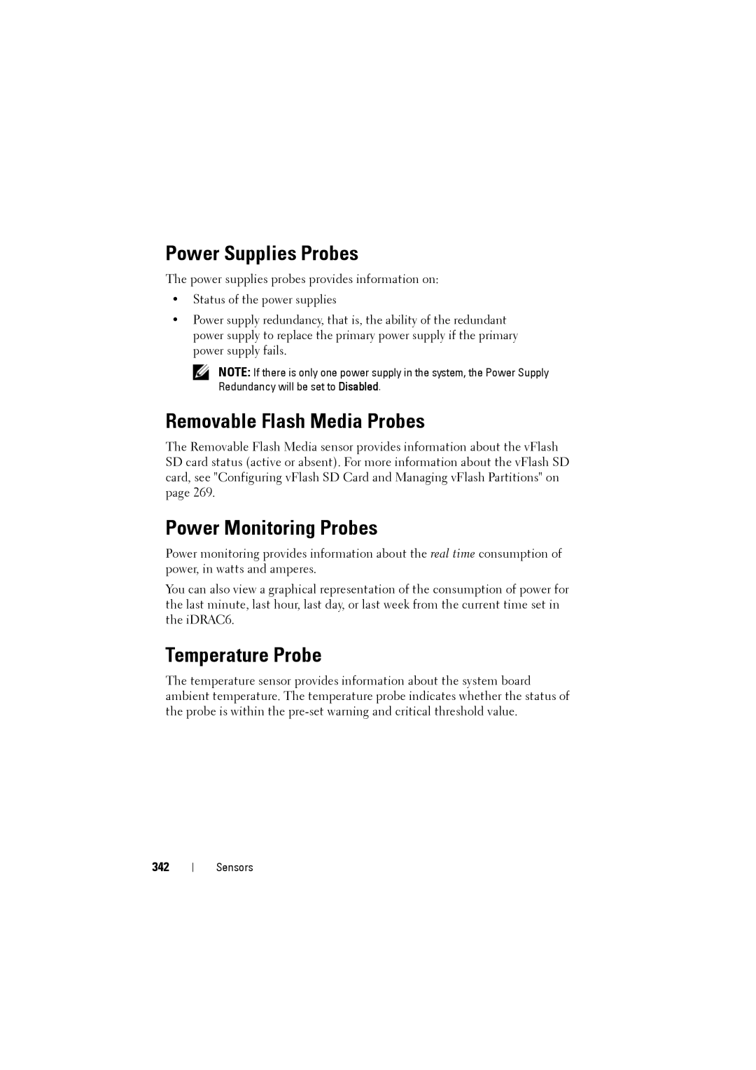 Dell IDRAC6 manual Power Supplies Probes, Removable Flash Media Probes, Power Monitoring Probes, Temperature Probe, 342 