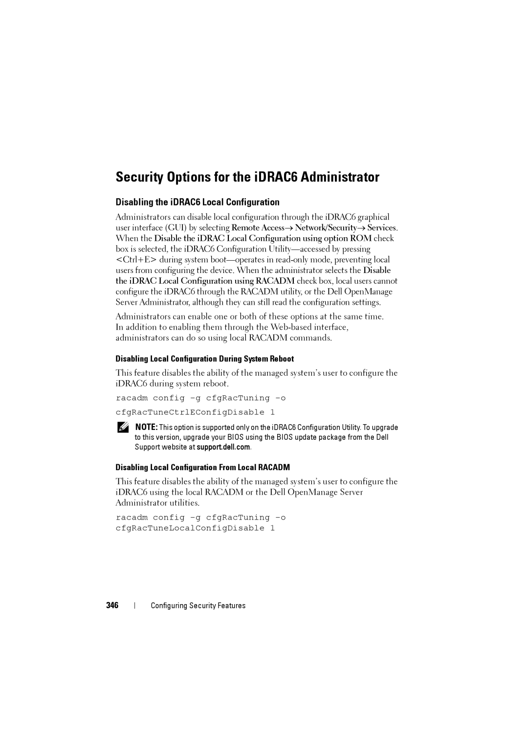 Dell IDRAC6 manual Security Options for the iDRAC6 Administrator, Disabling the iDRAC6 Local Configuration, 346 